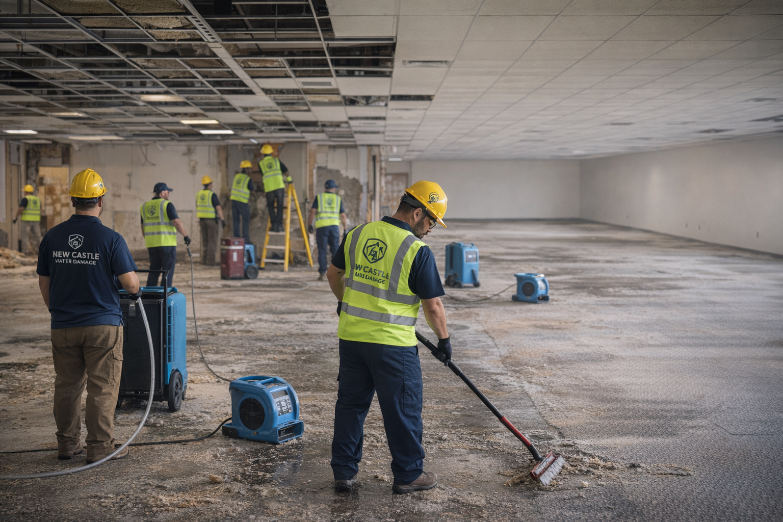 New Castle Water Damage crew cleaning a large water-damaged interior with drying equipment