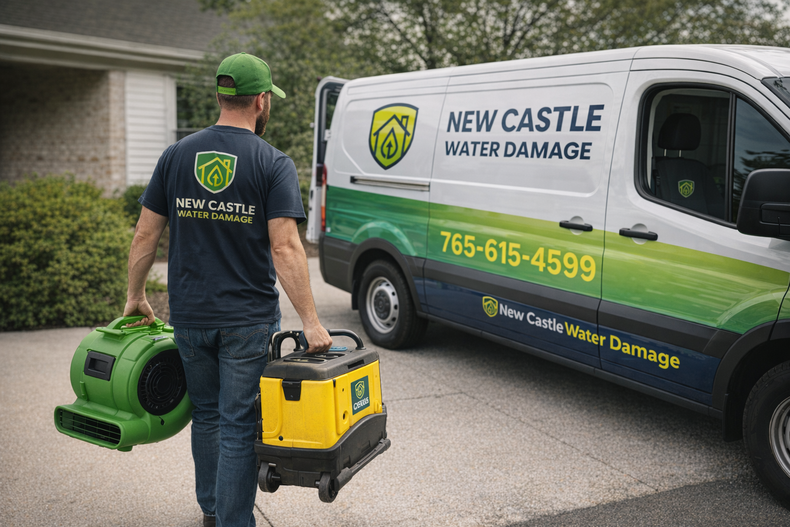 New Castle Water Damage technician carrying drying equipment from a branded service van